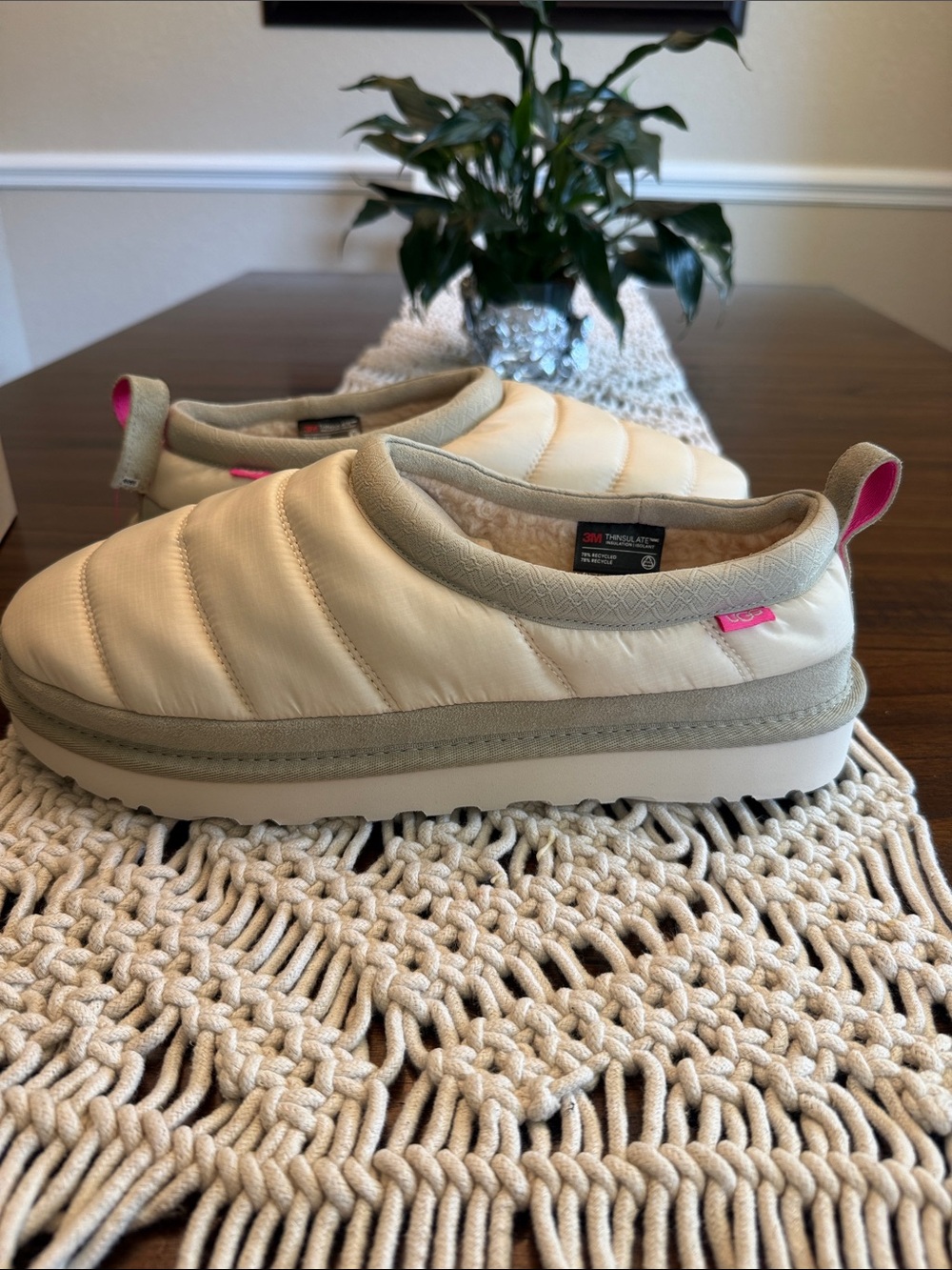 UGG Men’s Slip-On Slippers in Cream with Pink Pull Tab